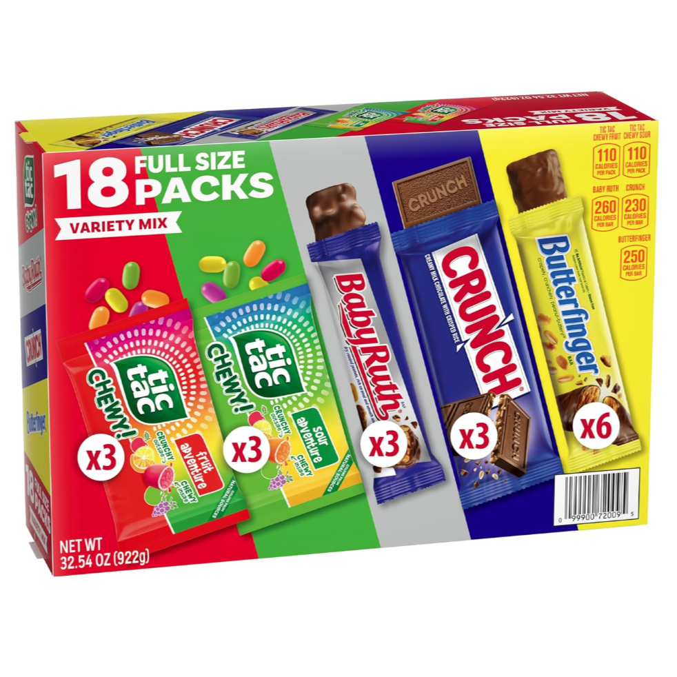 Variety pack with 18 full-size candy bars: 3 Tic Tac Chewy Fruit Adventure, 3 Tic Tac Chewy Sour Adventure, 3 Baby Ruth, 3 Crunch, and 6 Butterfinger bars. Net weight: 32.54 oz (922g).