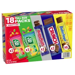 Variety pack with 18 full-size candy bars: 3 Tic Tac Chewy Fruit Adventure, 3 Tic Tac Chewy Sour Adventure, 3 Baby Ruth, 3 Crunch, and 6 Butterfinger bars. Net weight: 32.54 oz (922g).