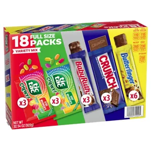 Variety pack with 18 full-size candy bars: 3 Tic Tac Chewy Fruit Adventure, 3 Tic Tac Chewy Sour Adventure, 3 Baby Ruth, 3 Crunch, and 6 Butterfinger bars. Net weight: 32.54 oz (922g).