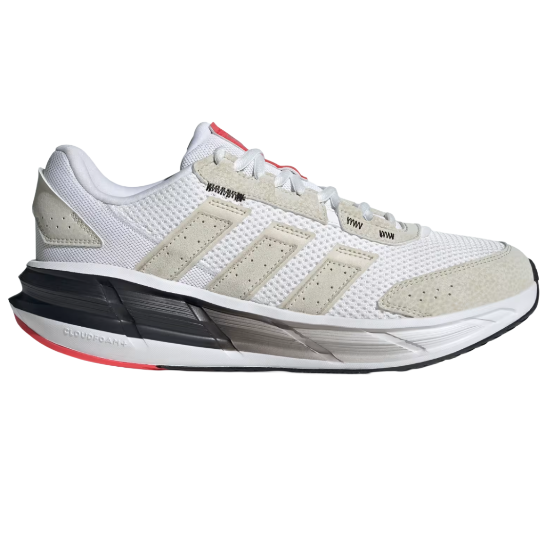 Adidas running shoe featuring three stripes, a white mesh upper, beige accents, and a Cloudfoam sole for cushioning.