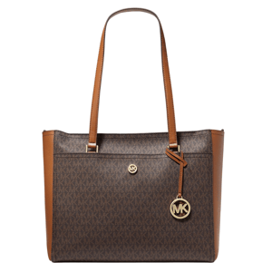A brown and tan tote bag with a Michael Kors monogram pattern, featuring gold-tone hardware and MK logo charms.