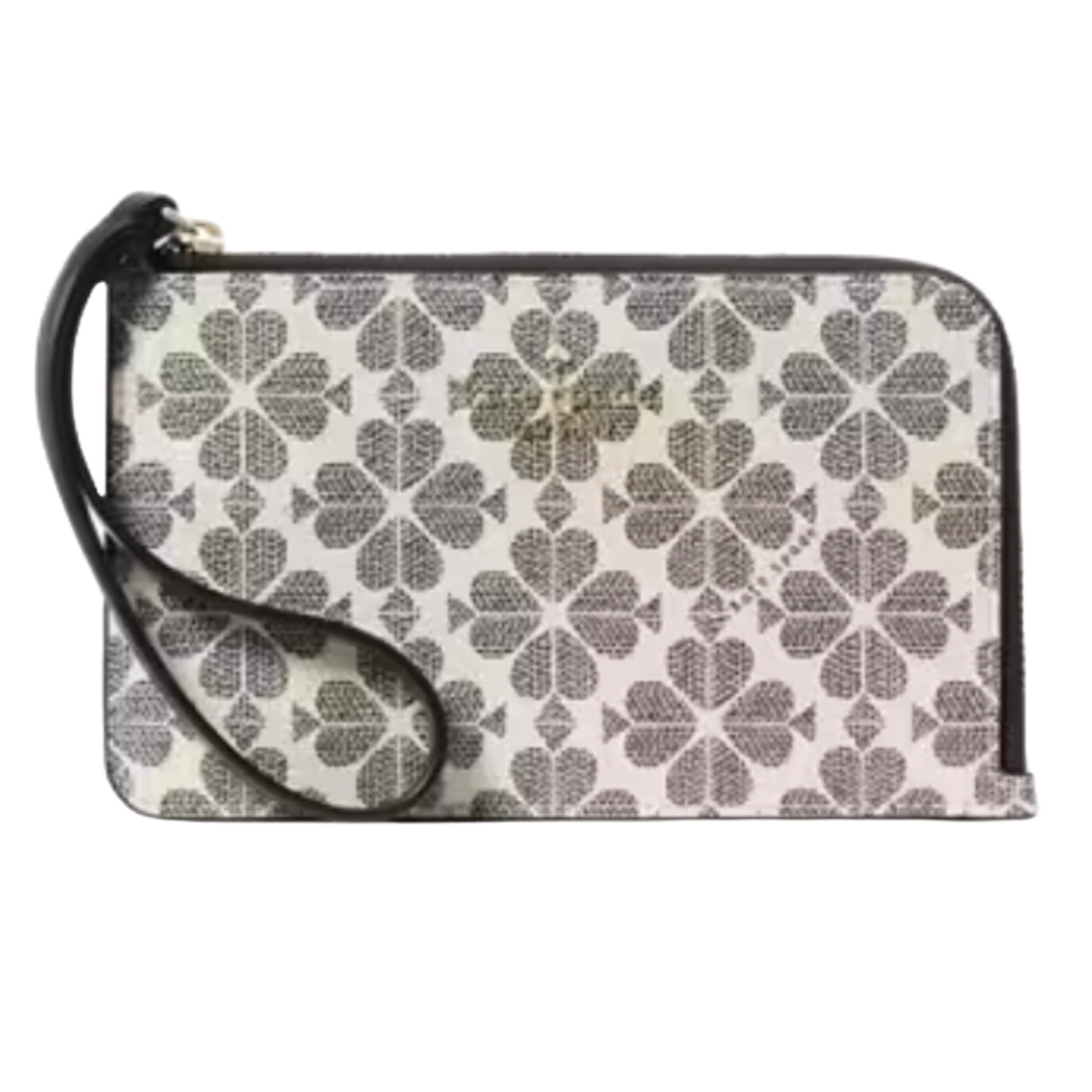 A clutch with a black and white geometric floral pattern and a wrist strap attached to one corner.
