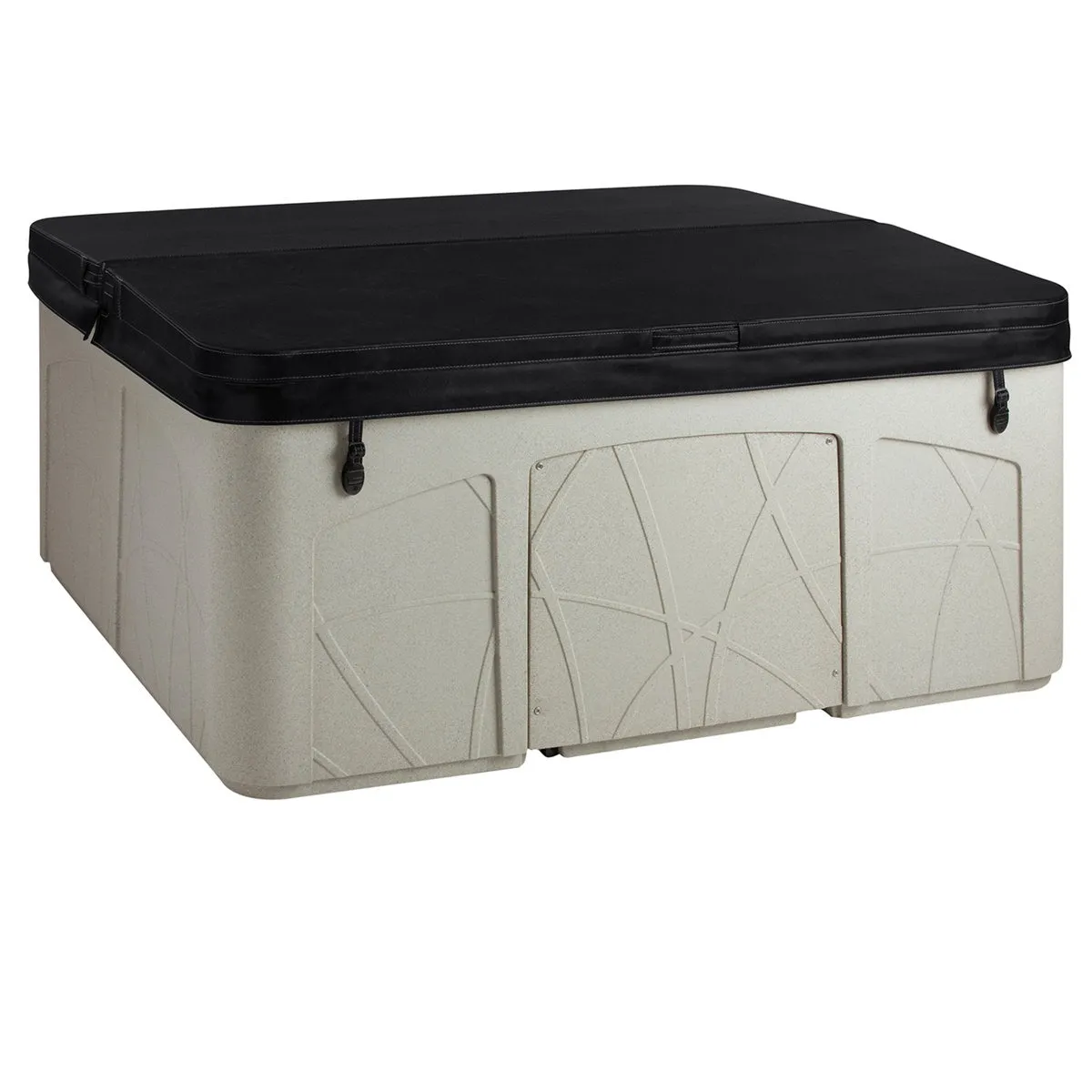 A square hot tub with a textured base and a black, fitted cover secured by latches on each side.