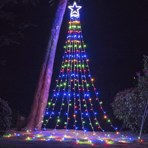 A star-topped outdoor Christmas tree made from multicolor LED string lights, arranged vertically to simulate a tree shape.