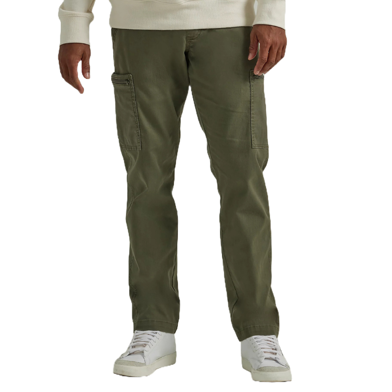 Olive green tapered cargo pants with side pockets, worn with white sneakers and a white long-sleeve top, offering a casual and practical style.