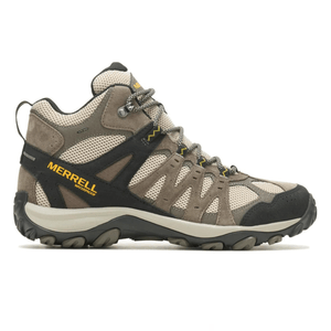 Merrell waterproof hiking boot featuring a rugged sole, breathable mesh with brown suede overlays, and a lace-up design.