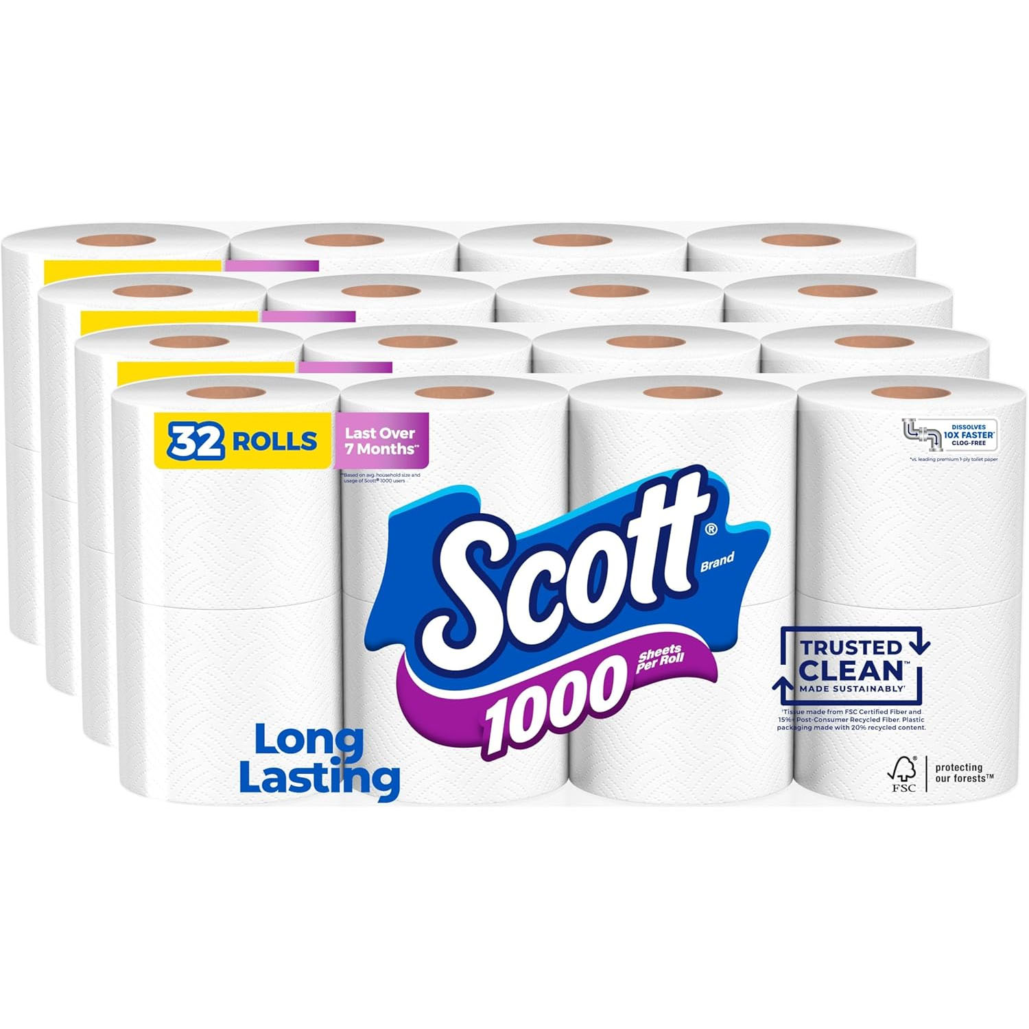 Scott 1000 Toilet Paper pack with 32 rolls, each offering 1000 sheets, advertised as long-lasting and made sustainably.