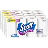 Scott 1000 Toilet Paper pack with 32 rolls, each offering 1000 sheets, advertised as long-lasting and made sustainably.