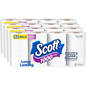 Scott 1000 Toilet Paper pack with 32 rolls, each offering 1000 sheets, advertised as long-lasting and made sustainably.