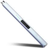 A rechargeable electric arc lighter with on/off switch and power button, LED indicators, and a slim design suitable for lighting candles or other small items.