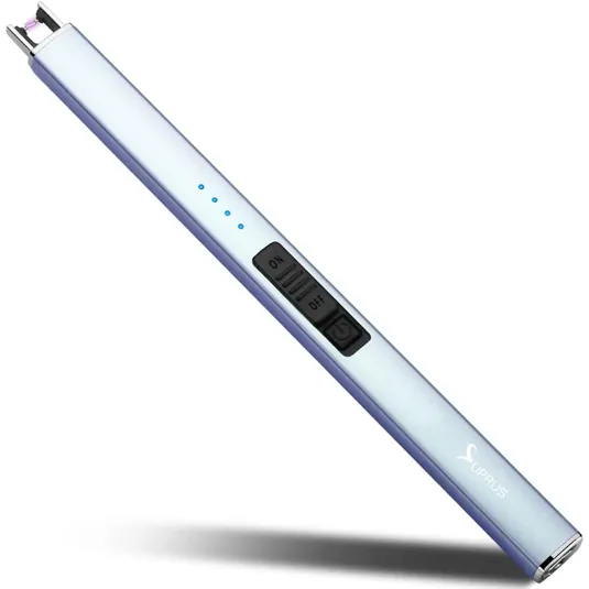 A rechargeable electric arc lighter with on/off switch and power button, LED indicators, and a slim design suitable for lighting candles or other small items.