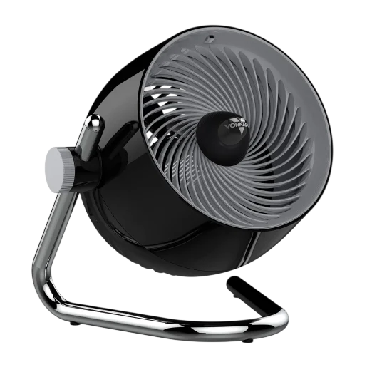 A black and chrome desk fan with a modern design and adjustable tilt, featuring a circular fan blade cover.