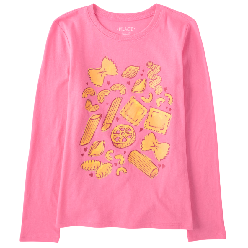 Pink long-sleeve shirt featuring an illustration of various pasta shapes, including bowtie, penne, and ravioli, with small heart accents.