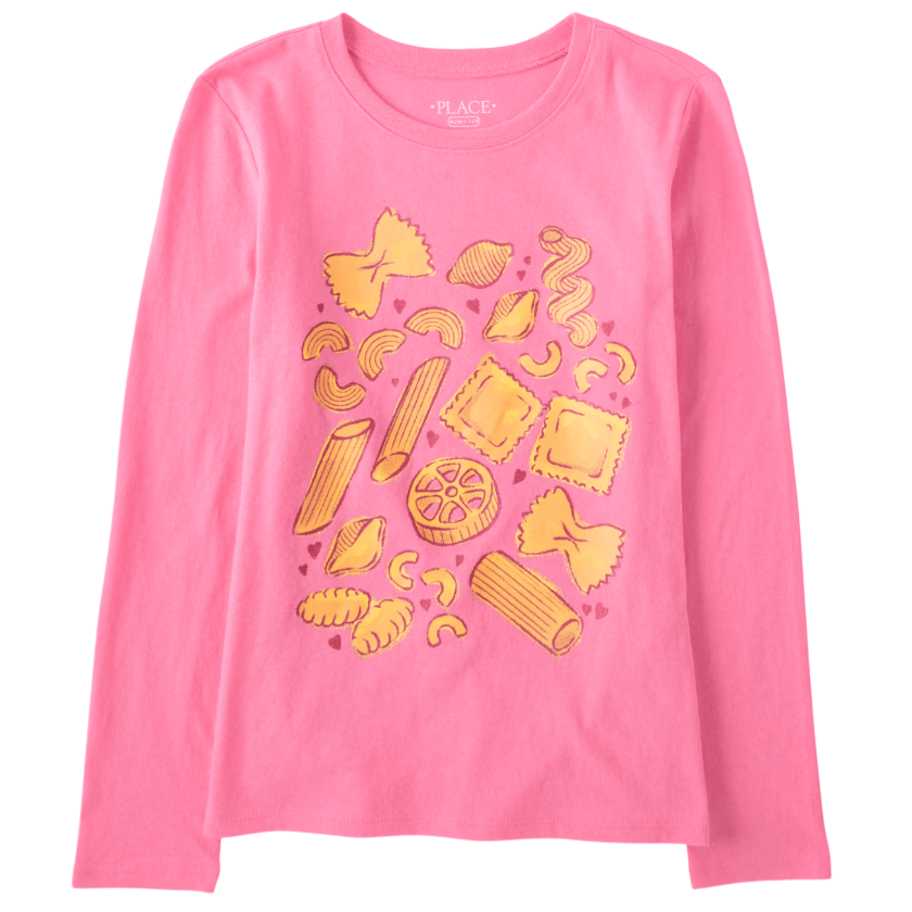 Pink long-sleeve shirt featuring an illustration of various pasta shapes, including bowtie, penne, and ravioli, with small heart accents.