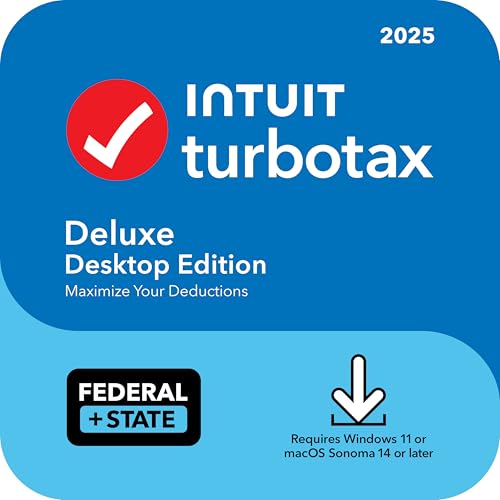 Intuit TurboTax 2025 Deluxe Desktop Edition for Windows 11 or macOS Sonoma 14 or later, includes Federal and State filing, designed to maximize deductions.