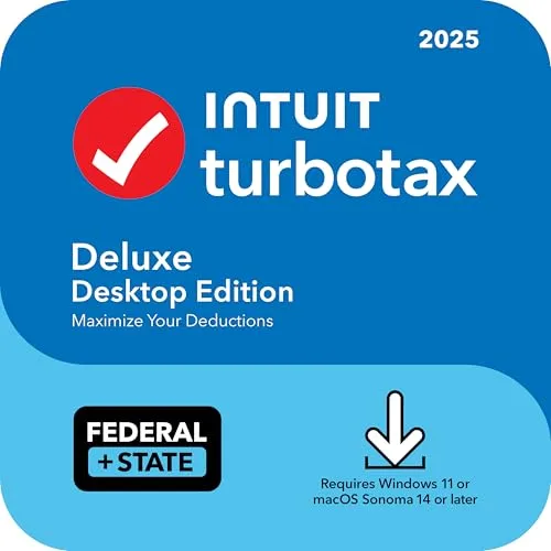 Intuit TurboTax 2025 Deluxe Desktop Edition for Windows 11 or macOS Sonoma 14 or later, includes Federal and State filing, designed to maximize deductions.