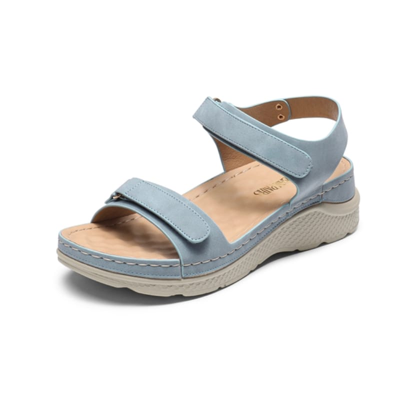A single light blue women's sandal with two straps and a chunky sole.
