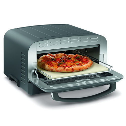 A compact pizza oven with a pull-out tray holds a cooked pizza on a baking stone.