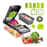 A vegetable slicer and dicer kit with interchangeable blades, a storage container, and additional tools for various cutting styles, featuring a demonstration with an onion.