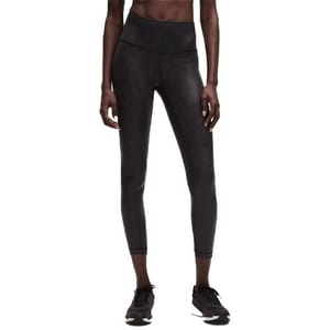 Black high-waisted leggings with a three-quarter length, paired with black athletic shoes.