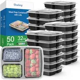 50-pack of 32oz meal prep containers with lids featuring three compartments, designed for organizing food.
