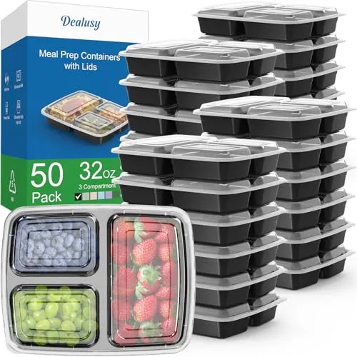 50-pack of 32oz meal prep containers with lids featuring three compartments, designed for organizing food.