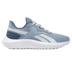 Blue and white athletic sneaker with a mesh upper, cushioned midsole, and a lace-up design.