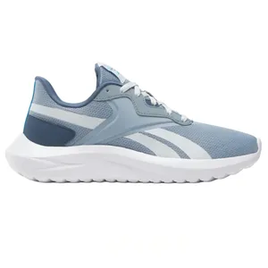 Blue and white athletic sneaker with a mesh upper, cushioned midsole, and a lace-up design.