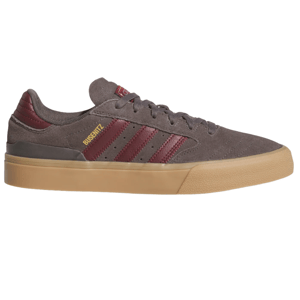 Adidas Busenitz skate shoe, featuring a gray suede upper, burgundy stripes, and a gum sole.