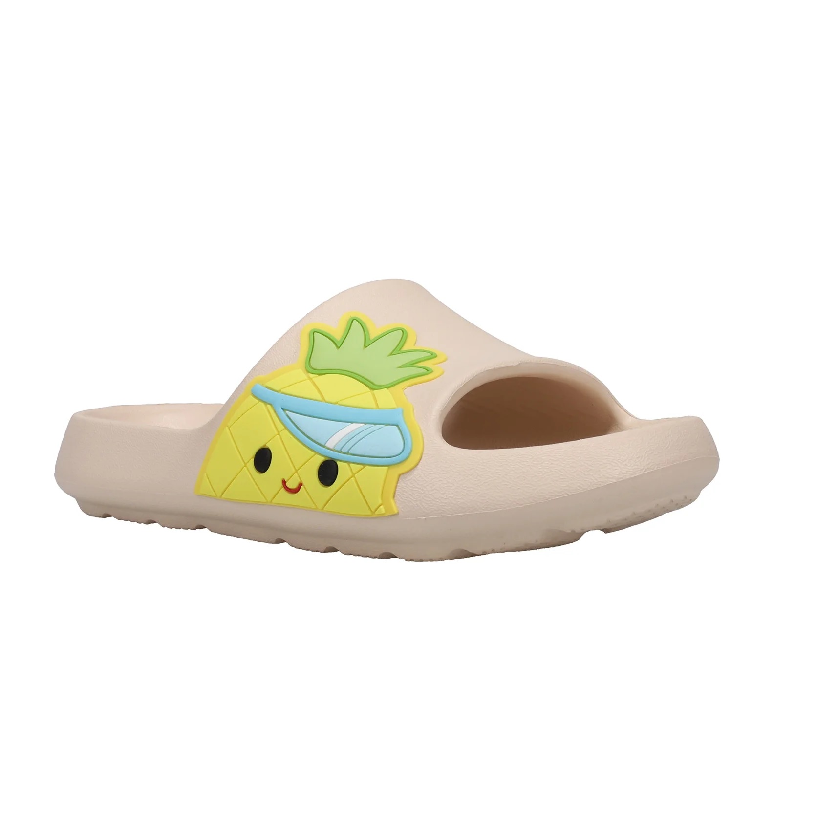 A single beige slip-on sandal with a cheerful cartoon pineapple design.