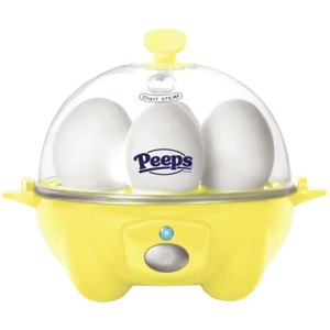 Yellow egg cooker branded with \“Peeps,\“ featuring a transparent lid and three white eggs inside.