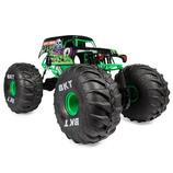 A toy monster truck with large black tires marked \“BKT,\“ featuring a black and green color scheme with decorative graphics on the side.