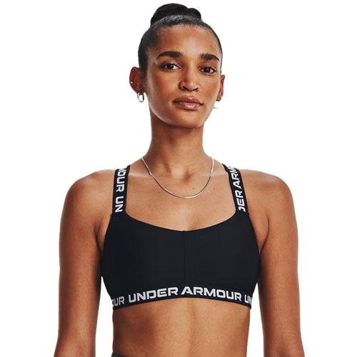 Black Under Armour sports bra with branded straps worn by a person.