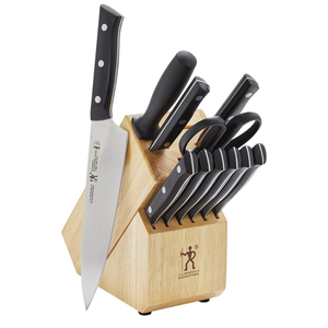 12-piece Zwilling Knife Block Set includes a wooden block with a chef's knife, bread knife, utility knife, paring knife, steak knives, kitchen shears, and a sharpening steel, all with black handles.