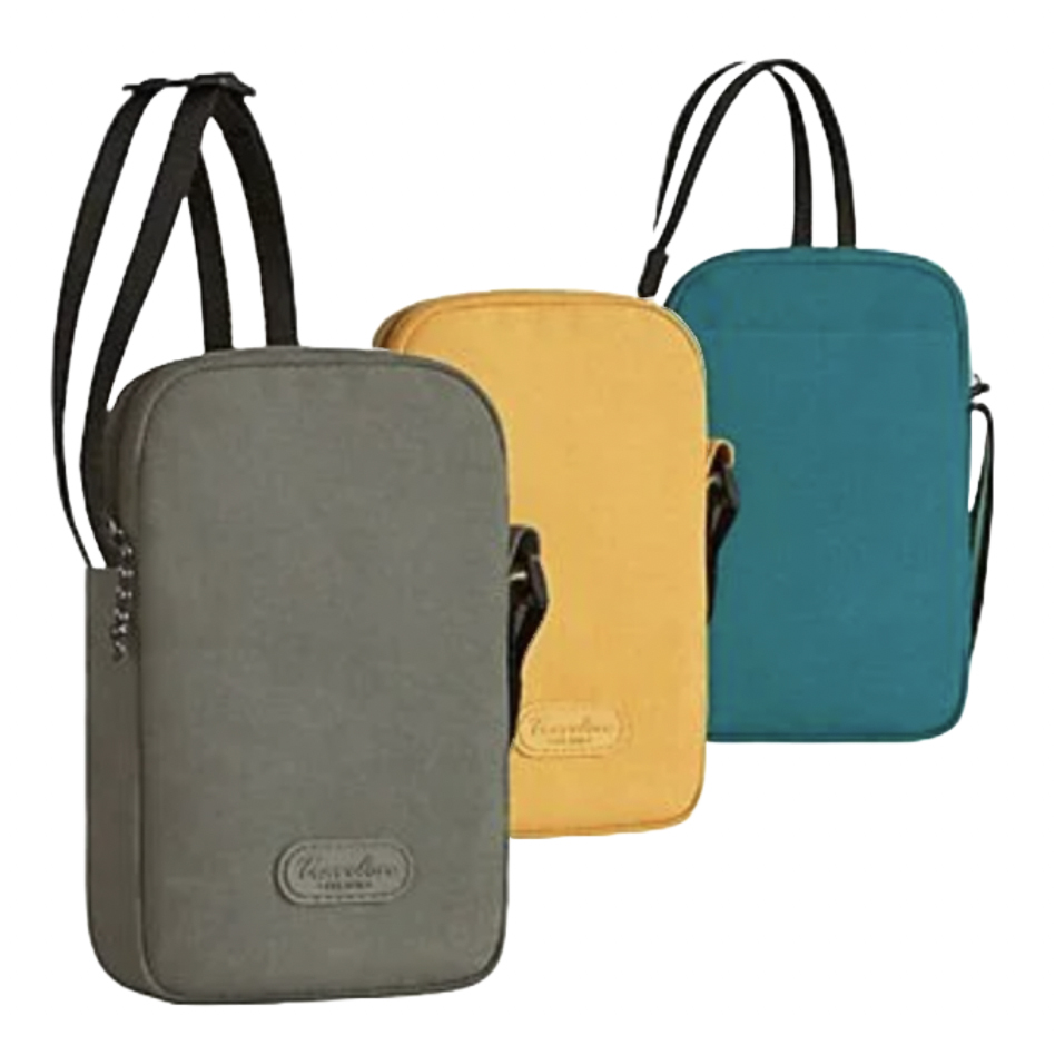 Three crossbody bags in gray, yellow, and teal, each with a simple rectangular design and black straps.
