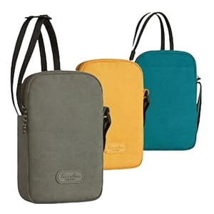 Three crossbody bags in gray, yellow, and teal, each with a simple rectangular design and black straps.