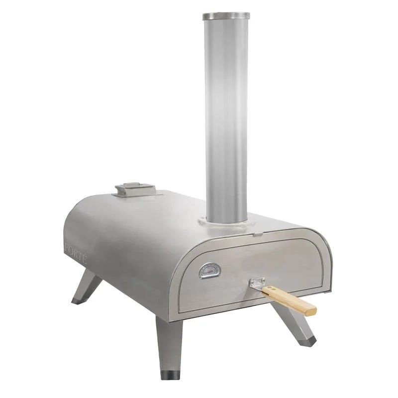 The Forte 14\“ Pizza Oven is a compact, portable stainless steel oven with a chimney and a front door with a wooden handle. It features a built-in thermometer for temperature monitoring.