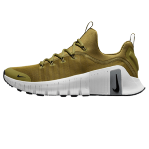 Olive green Nike Free Metcon 6 shoes featuring a white sole with a black Nike swoosh on the side and flexibility grooves.