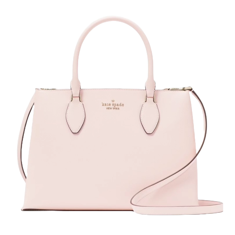 A light pink Kate Spade Rae Medium Satchel featuring dual top handles, a detachable shoulder strap, and a structured silhouette with gold-tone logo detailing on the front.