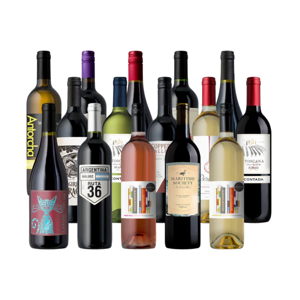 A selection of twelve wine bottles featuring a variety of red, white, and rosé wines from different regions, with diverse labels and colors.