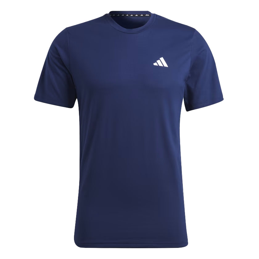 A navy blue Adidas training tee with short sleeves and a round neck, featuring the Adidas logo on the chest.