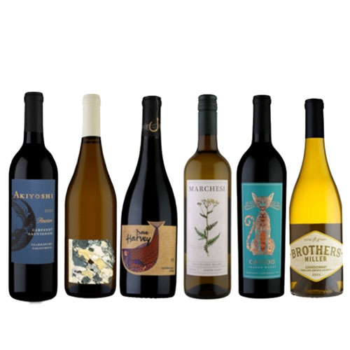 Six bottles of wine with various labels, including red, white, and possibly dessert wines.