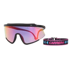 Vintage Carrera ski goggles with a mirrored lens and ventilated design, accompanied by a black and pink adjustable strap with blue accents.