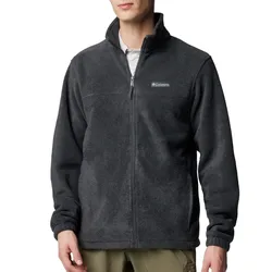 A dark gray fleece jacket with a full-zip front, high collar, and a logo on the chest, paired with khaki pants.