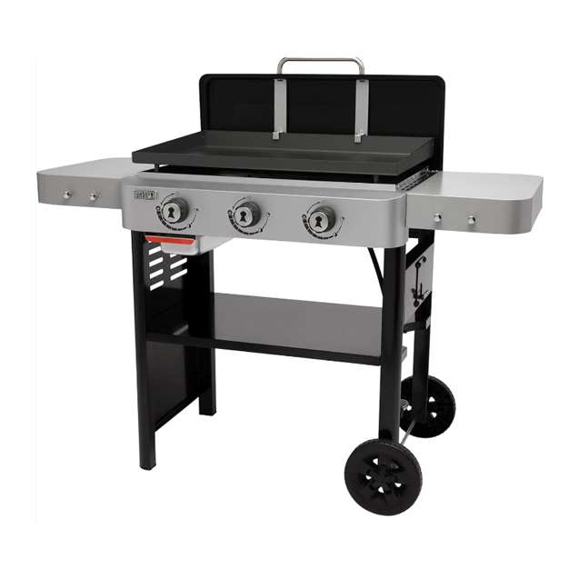A 28-inch Weber Gas Griddle with a black body, stainless steel side shelves, three control knobs, and a hinged lid, mounted on a cart with wheels for mobility.