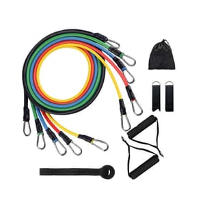 11-piece workout resistance band set includes five color-coded bands with metal clips, two cushioned handles, two ankle straps, a door anchor, and a carrying pouch.