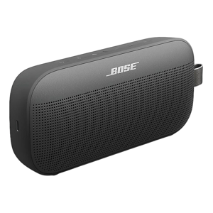 Bose portable Bluetooth speaker with a sleek, rectangular design featuring a perforated front and control buttons on top.