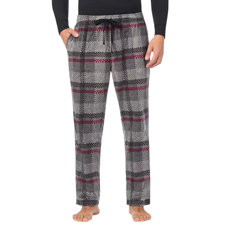 Men's plaid pajama pants with a gray and red checkered pattern, featuring an adjustable drawstring waistband and side pockets.