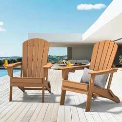 Two wooden Adirondack chairs with curved backrests are positioned on a deck near a pool, each with an orange drink on the armrest. One chair includes a gray pillow.