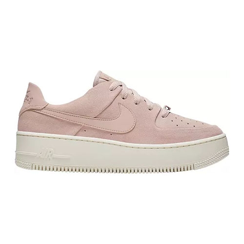 Nike Women's Air Force 1 Shoes feature a low-top design with a pink suede upper, tonal laces, and a white platform sole. The iconic Nike swoosh is embroidered on the side.